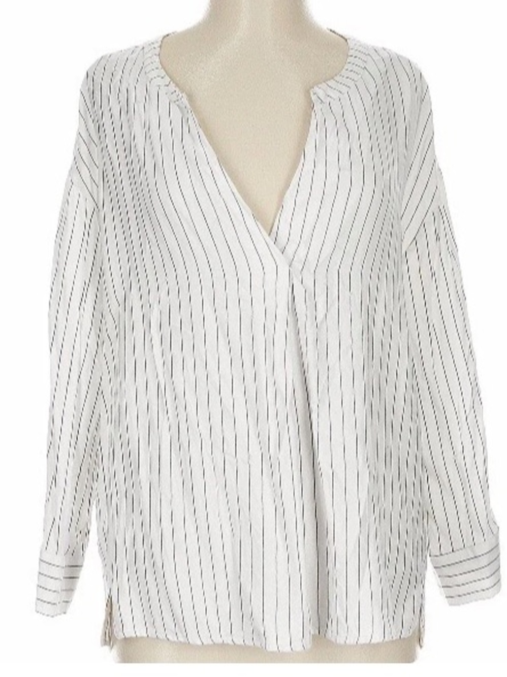 LOFT Lounge White Soft Viscose Popover Tunic V Neck Long Sleeve Blouse Striped L